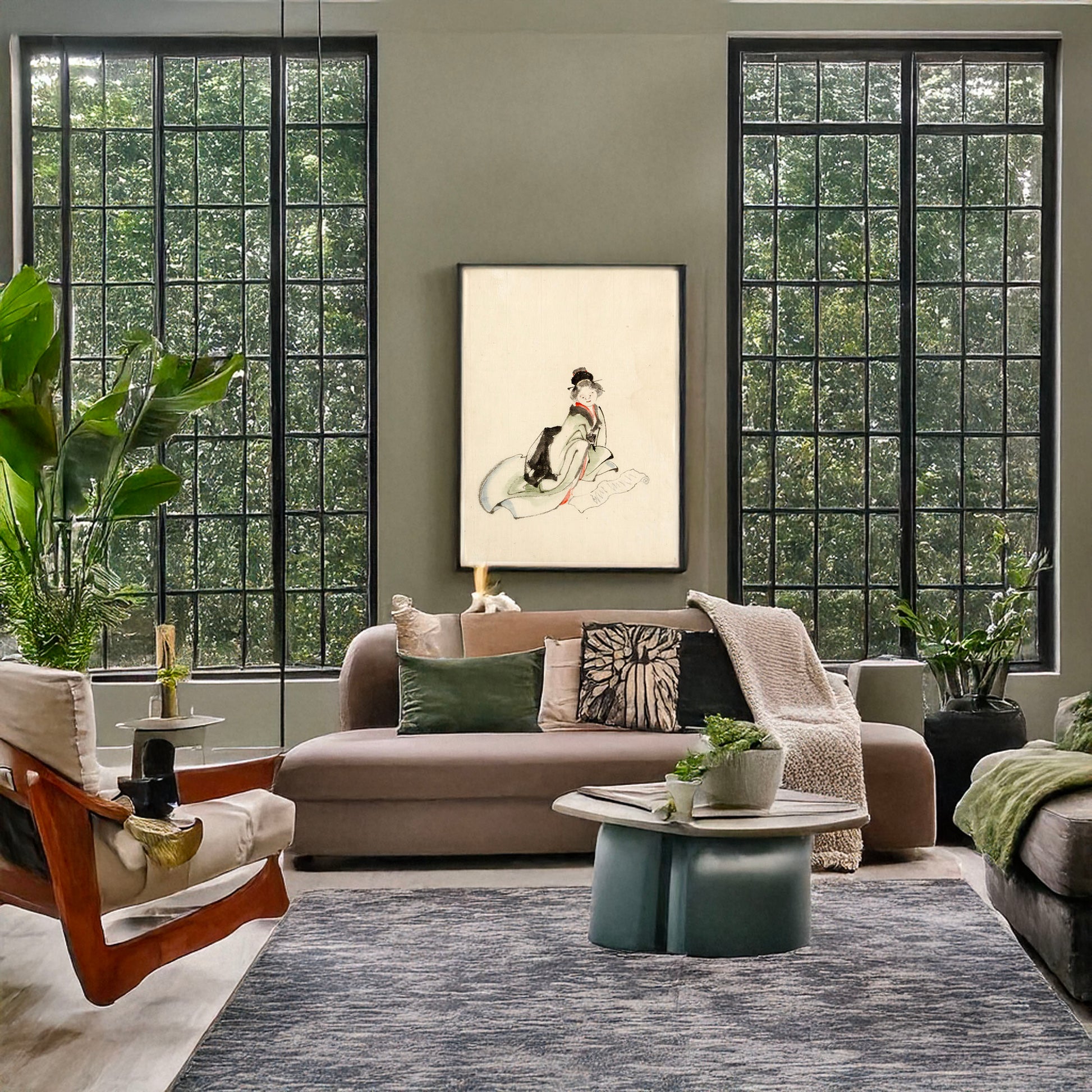 A picture of A woman seated, facing front, reading a scroll spread out in front of her, a mockup of the print leaning against a wall
