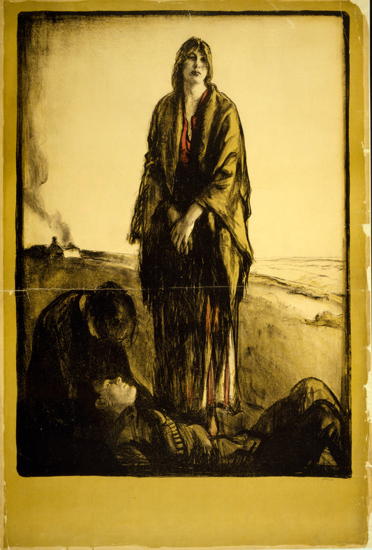 A picture of A woman stands disconsolate, as another bends over a dead soldier; a house burns in the background