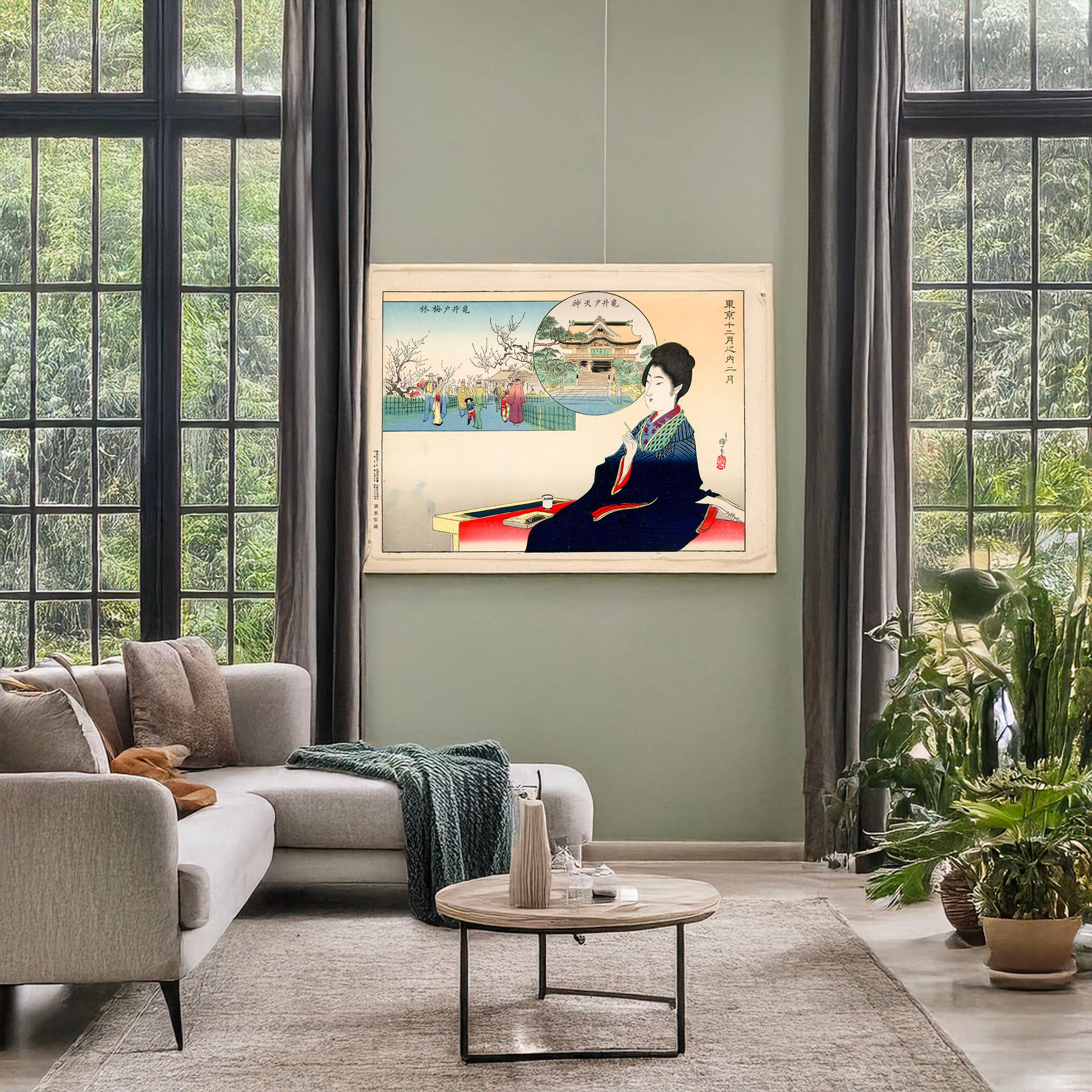 A picture of A woman writing about memories of places visited, a mockup of the print leaning against a wall