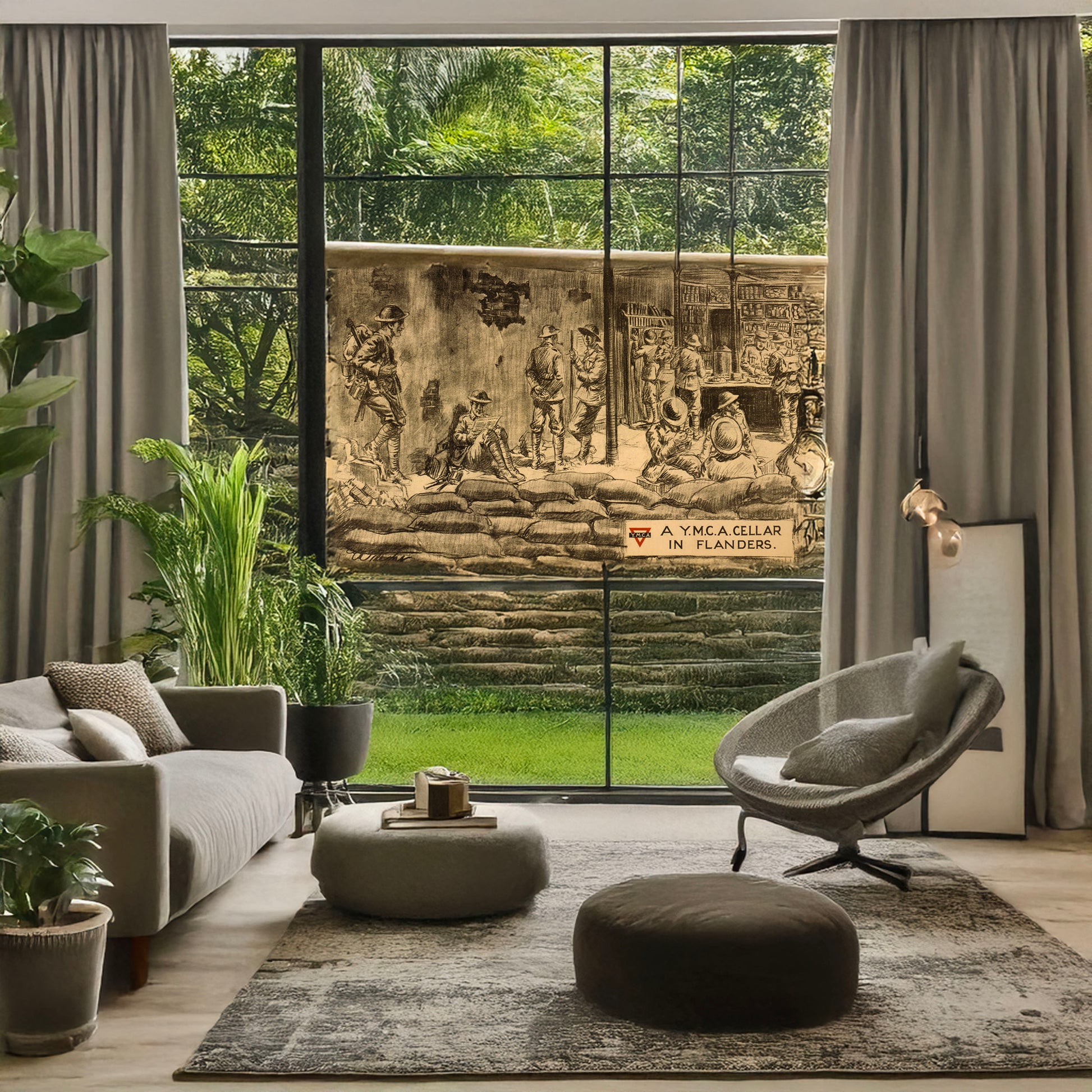 A picture of A Y.M.C.A. cellar in Flanders, a mockup of the print leaning against a wall