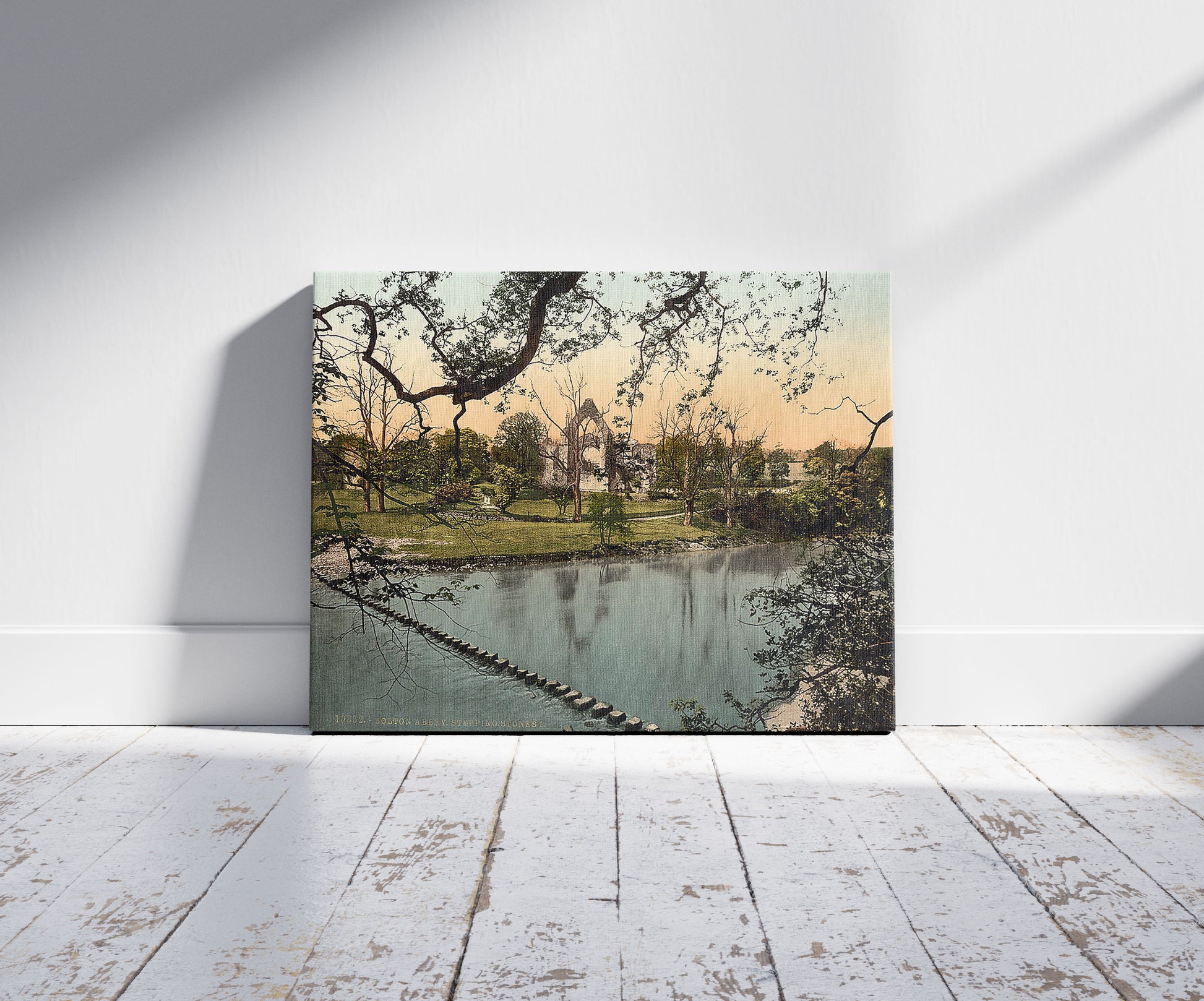 A picture of Abbey stepping stones, I, Bolton Abbey, England, a mockup of the print leaning against a wall