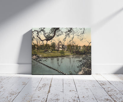 A picture of Abbey stepping stones, I, Bolton Abbey, England, a mockup of the print leaning against a wall