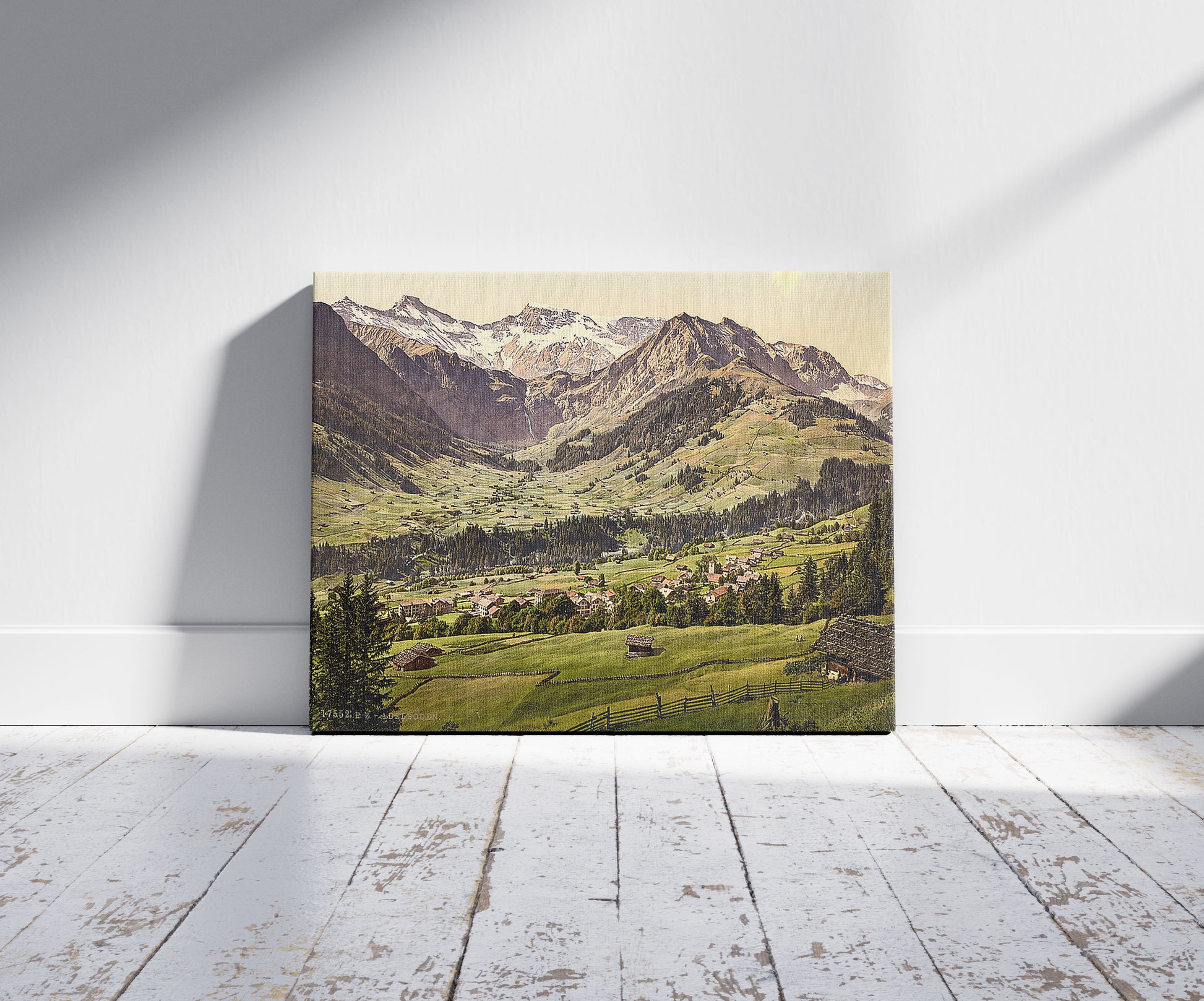 A picture of Adelboden, general view, Bernese Oberland, Switzerland, a mockup of the print leaning against a wall