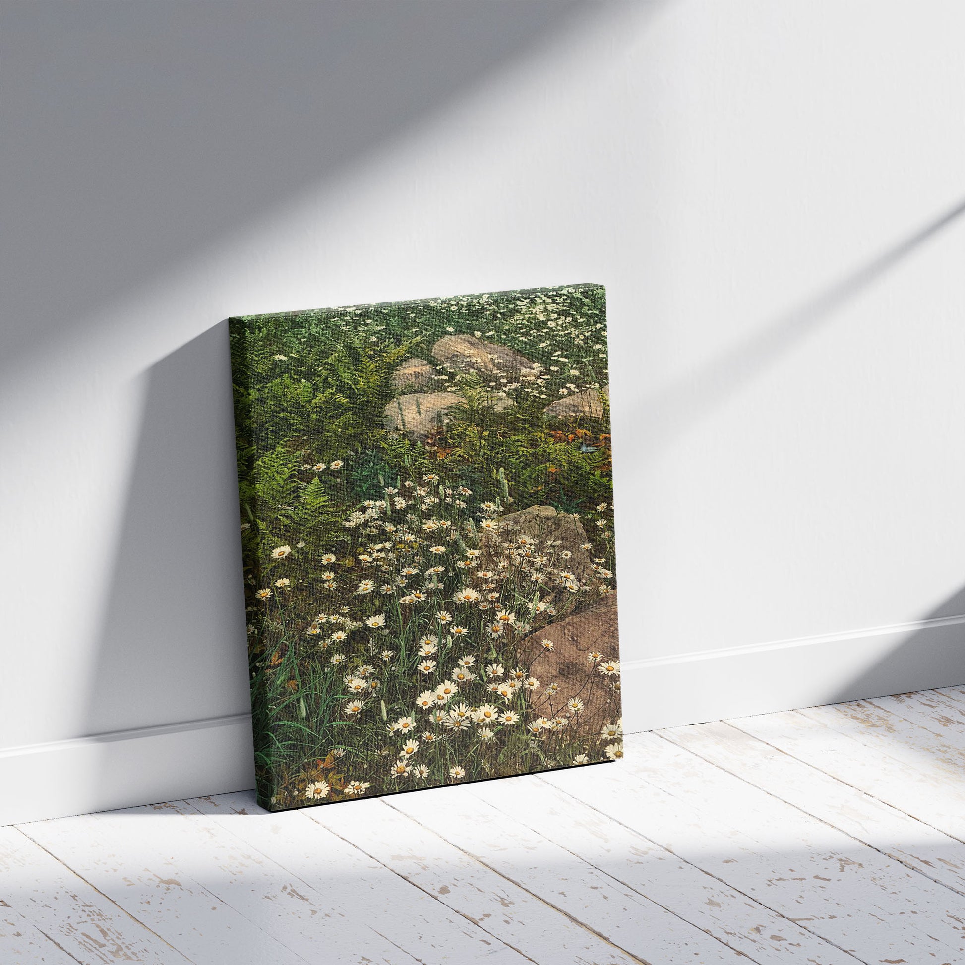 A picture of Adirondack mountain wild flowers, a mockup of the print leaning against a wall