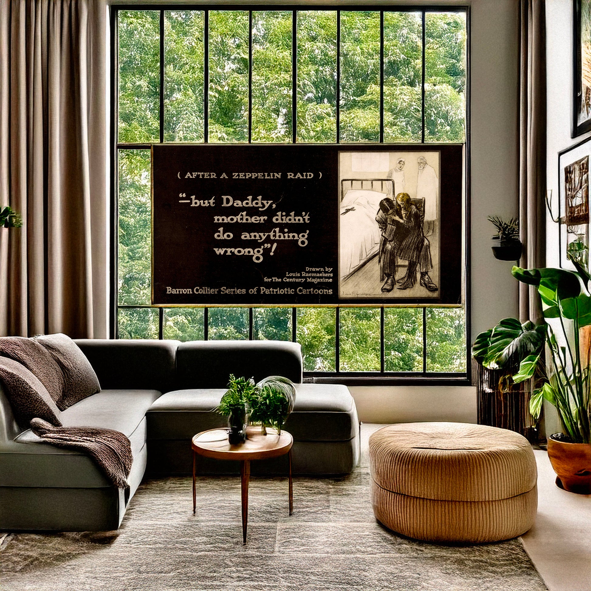 A picture of After a zeppelin raid  -- "but Daddy, mother didn't do anything wrong!", a mockup of the print leaning against a wall