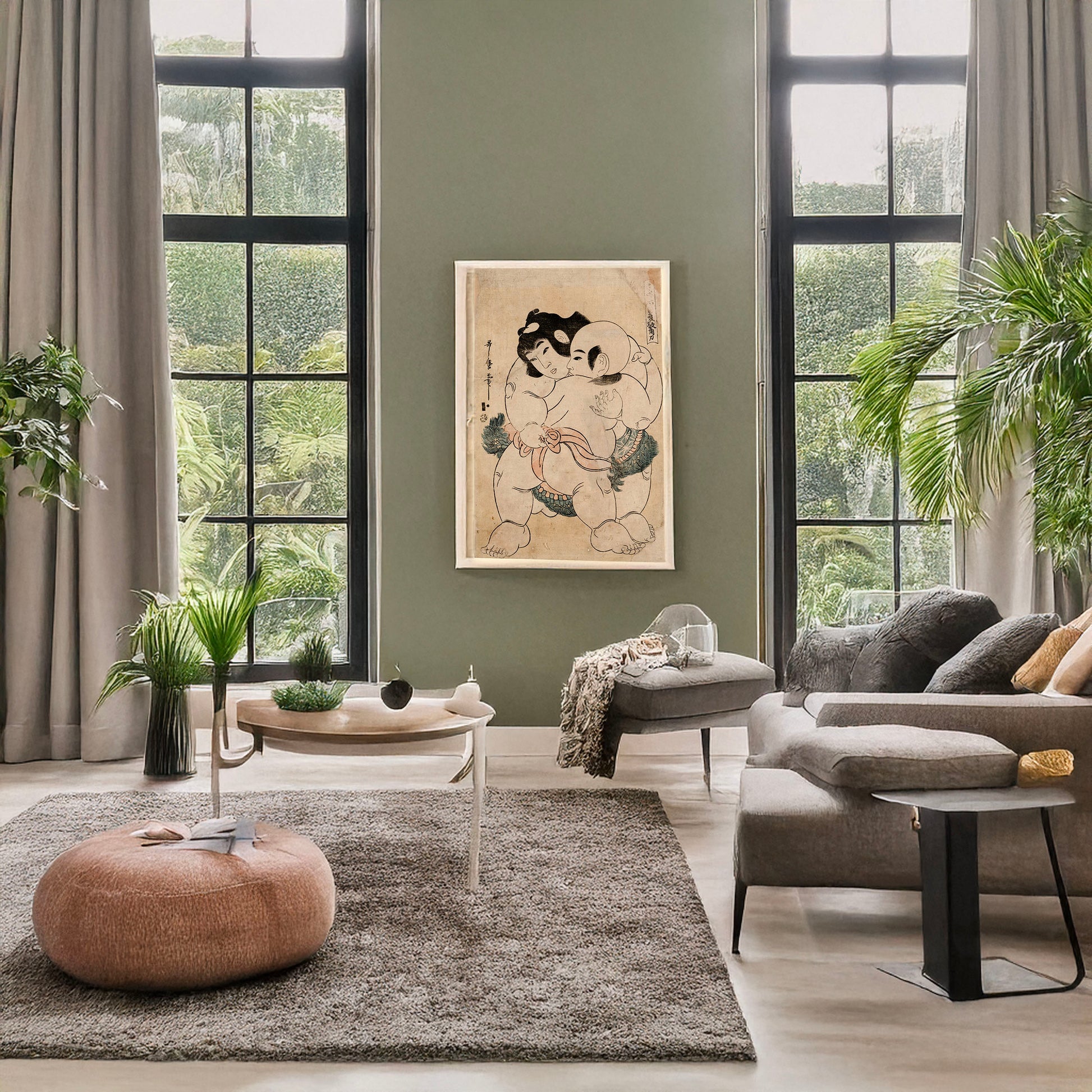 A picture of Aikyo zumo, a mockup of the print leaning against a wall
