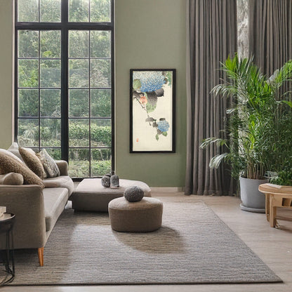 A picture of Ajisai ni shōkin, a mockup of the print leaning against a wall