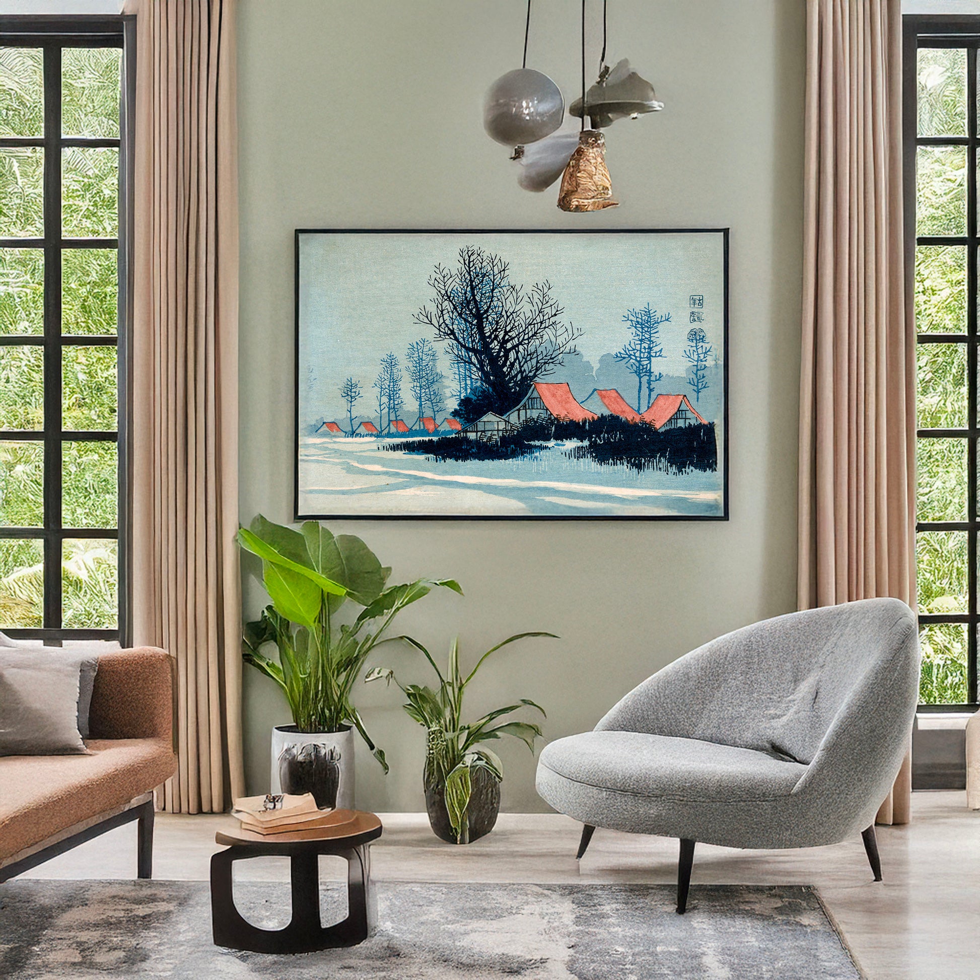 A picture of Aka yane no ieie, a mockup of the print leaning against a wall