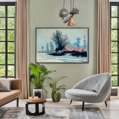 A picture of Aka yane no ieie, a mockup of the print leaning against a wall