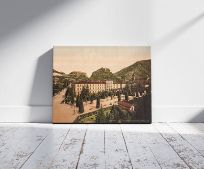 A picture of Albergo, general view, Arco, Lake Garda, Italy, a mockup of the print leaning against a wall