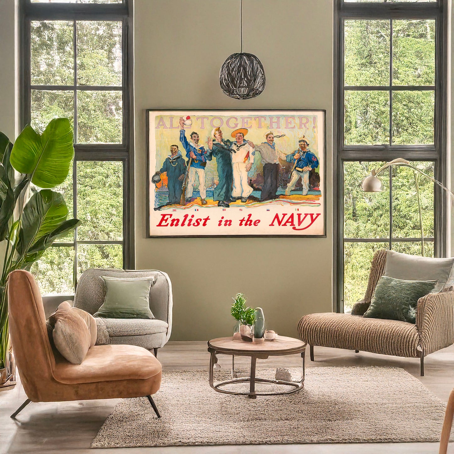 A picture of All together! Enlist in the Navy, a mockup of the print leaning against a wall