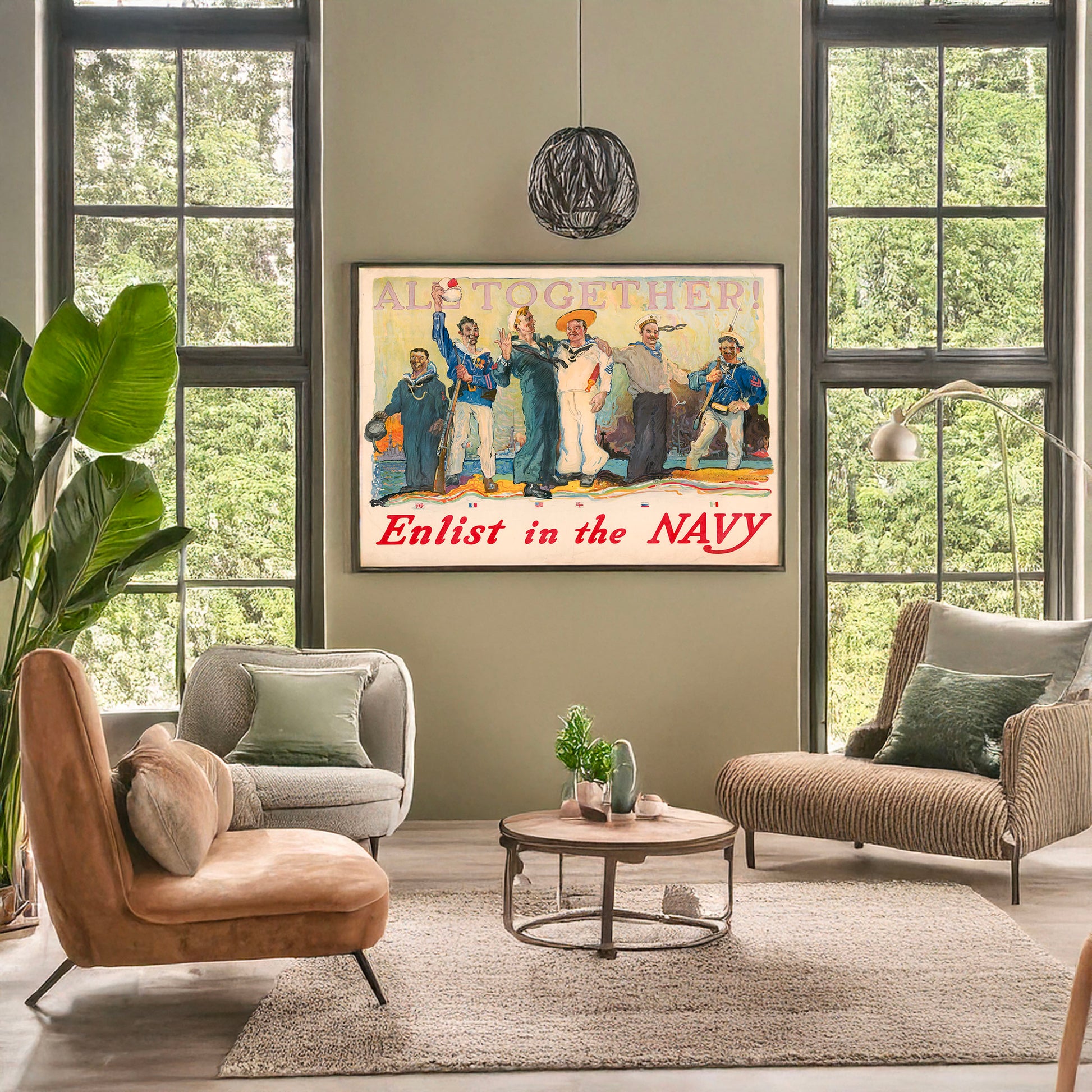 A picture of All together! Enlist in the Navy, a mockup of the print leaning against a wall