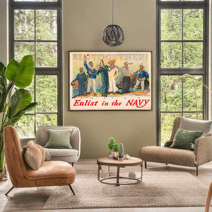 A picture of All together! Enlist in the Navy, a mockup of the print leaning against a wall