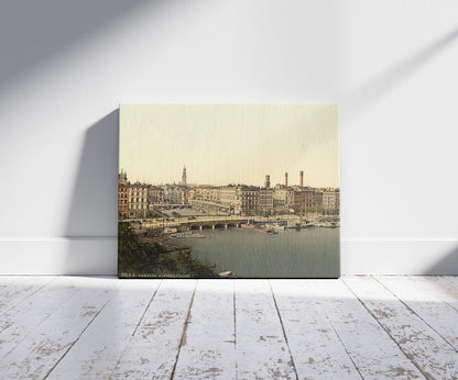 A picture of Alster Arcade, Hamburg, Germany, a mockup of the print leaning against a wall