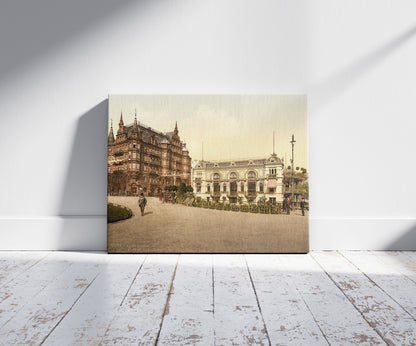 A picture of Alster Pavillion and Hotel Hamburg, Hamburg, Germany, a mockup of the print leaning against a wall