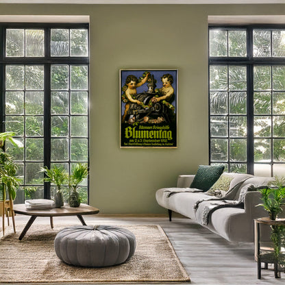A picture of Altonaer Kriegshilfe Blumentag, a mockup of the print leaning against a wall