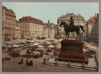 A picture of Am Hof, Vienna, Austria, with open air market and equestrian statue in foreground
