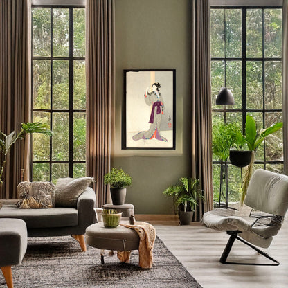 A picture of Ame o nagameru yūjo, a mockup of the print leaning against a wall