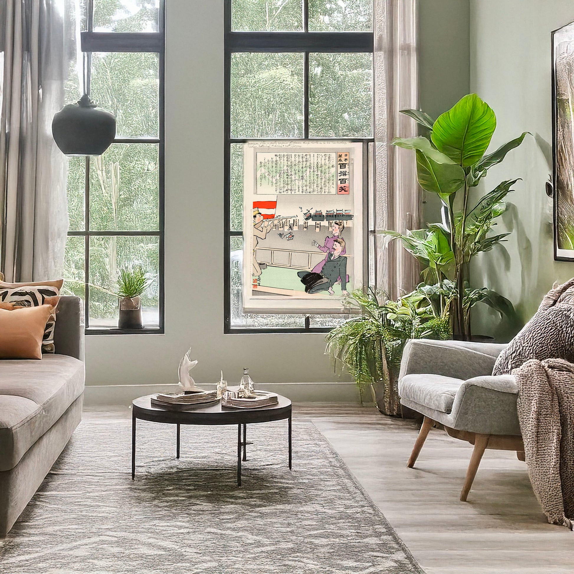A picture of American editor is greatly surprised at Japanese sharp-shooter as he hits Kiulencheng sic, Hoojo, Kuichow, Motienluig, Haicheng, & next Liaoyang, a mockup of the print leaning against a wall