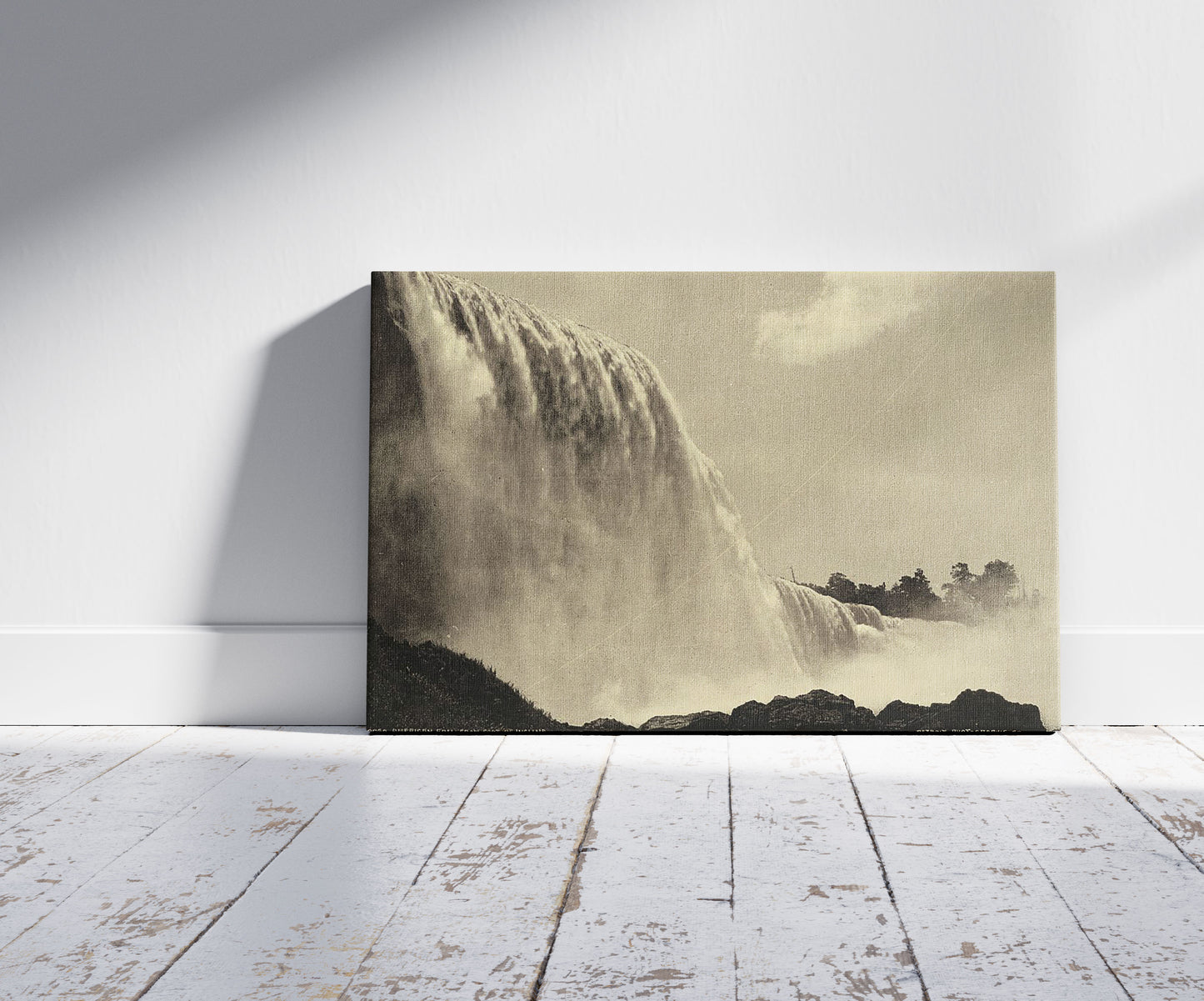 A picture of American Fall from foot of incline, a mockup of the print leaning against a wall