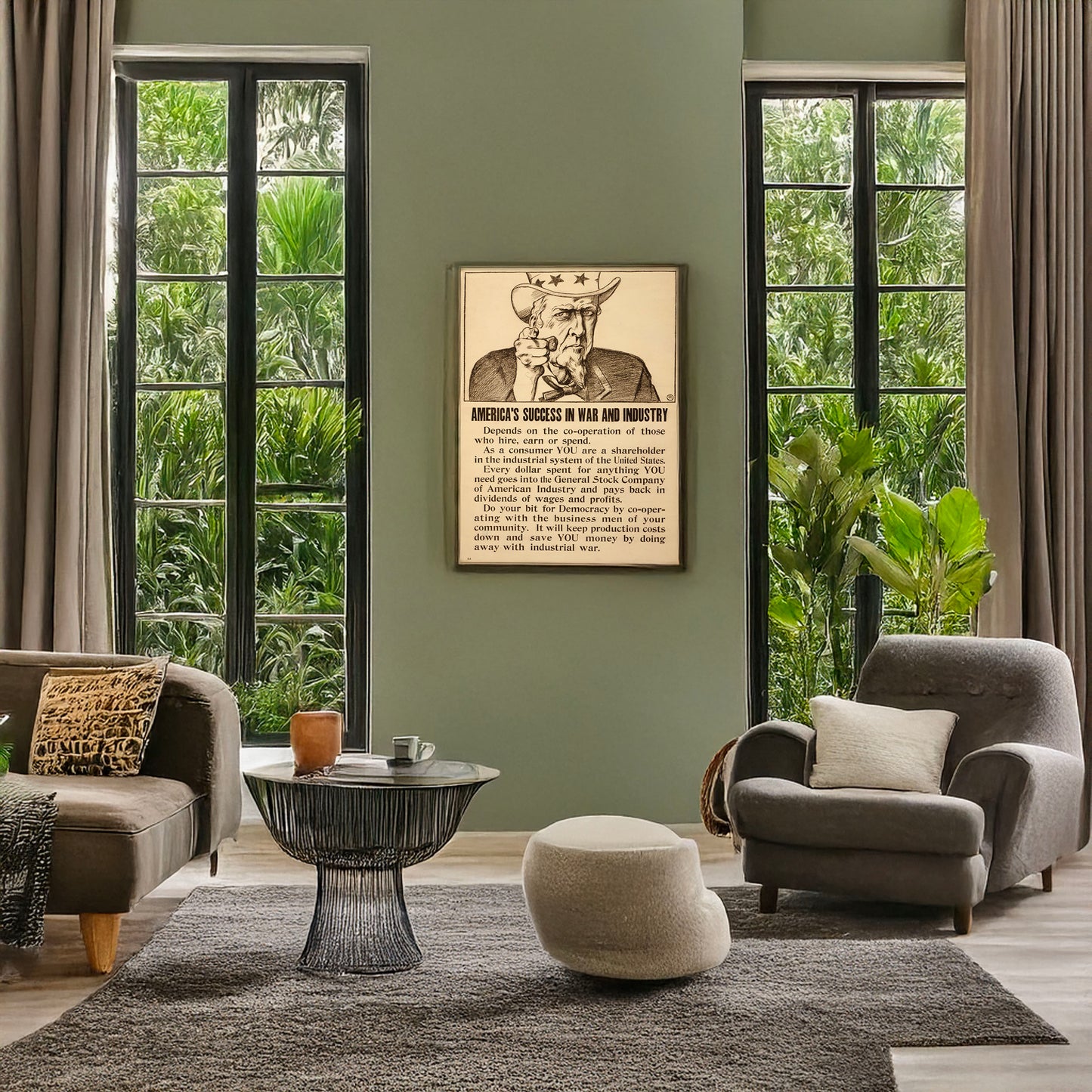 A picture of America's success in war and industry depends on the co-operation of those who hire, earn or spend, a mockup of the print leaning against a wall