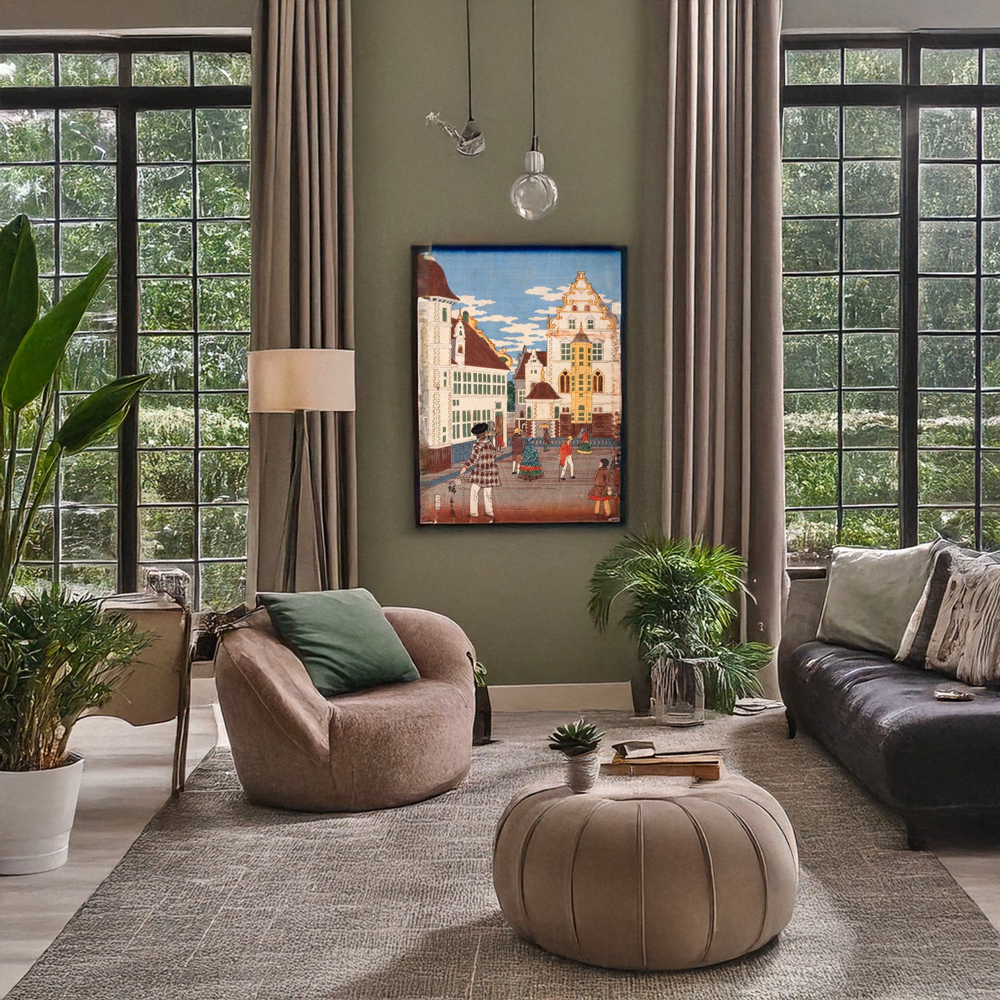 A picture of Amerika nigiwai no zu, a mockup of the print leaning against a wall