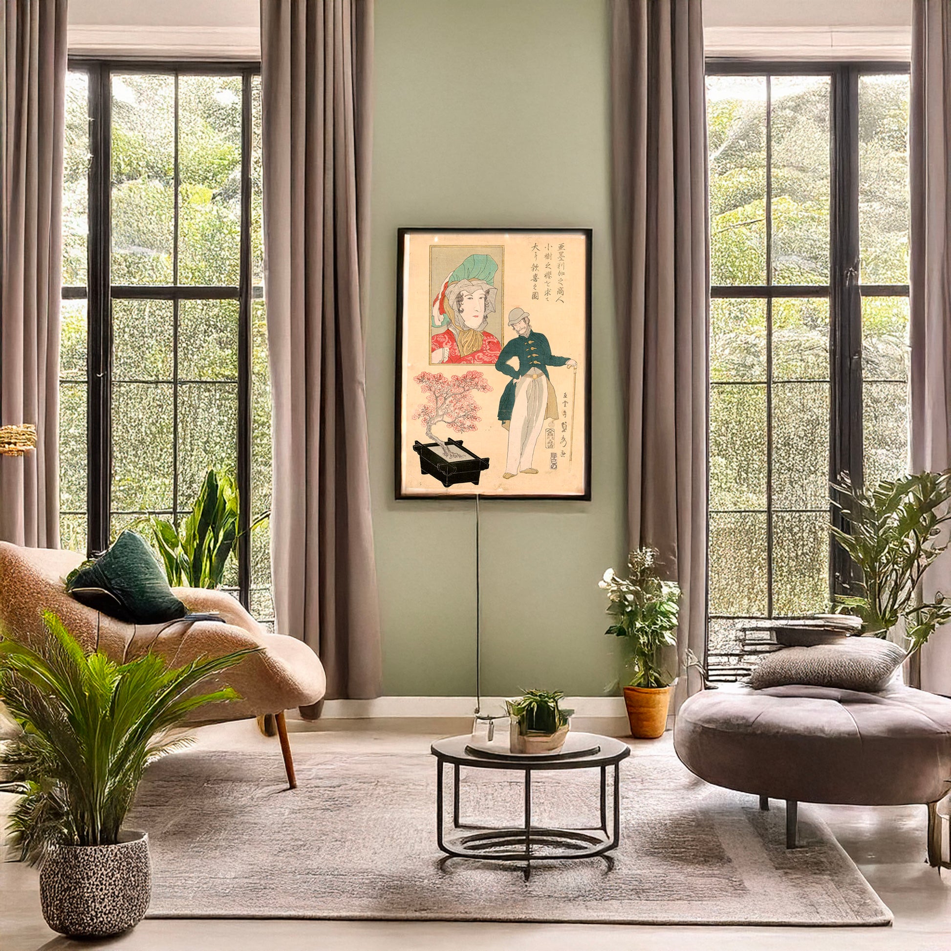 A picture of Amerika no shōnin shōju no sakura o motomete ōi ni kanki no zu, a mockup of the print leaning against a wall