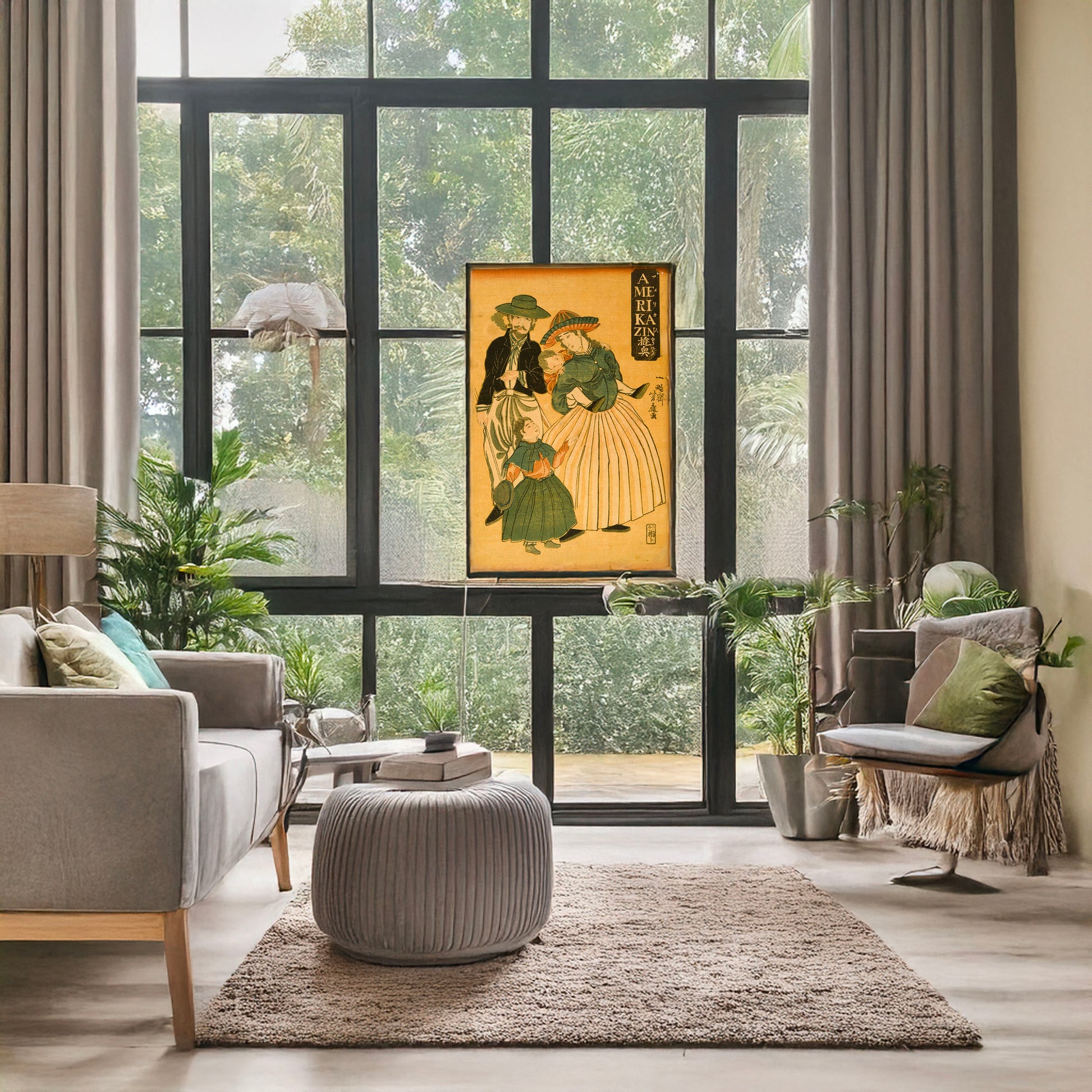 A picture of Amerikajin yūgyō, a mockup of the print leaning against a wall