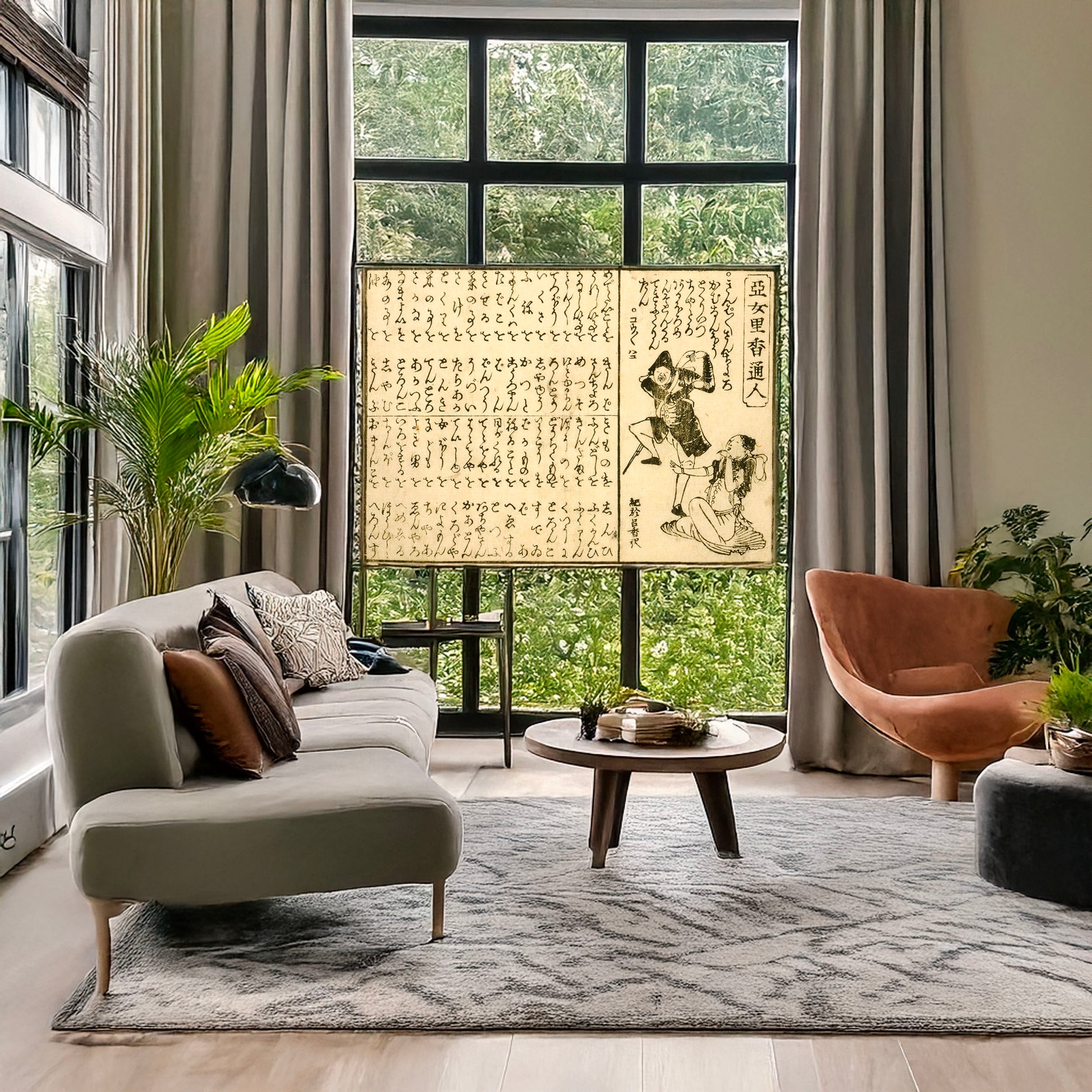 A picture of Amerikatsūjin, a mockup of the print leaning against a wall