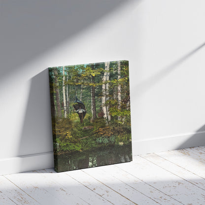 A picture of An Adirondack carry, a mockup of the print leaning against a wall