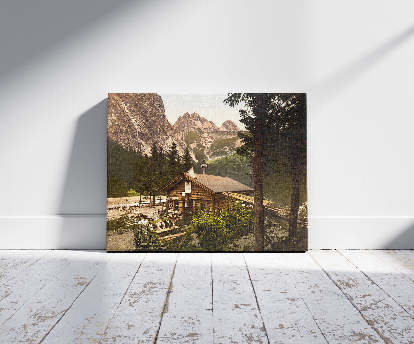 A picture of Angerhutte and Hockwanner, Hinterrainthal, Upper Bavaria, Germany, a mockup of the print leaning against a wall