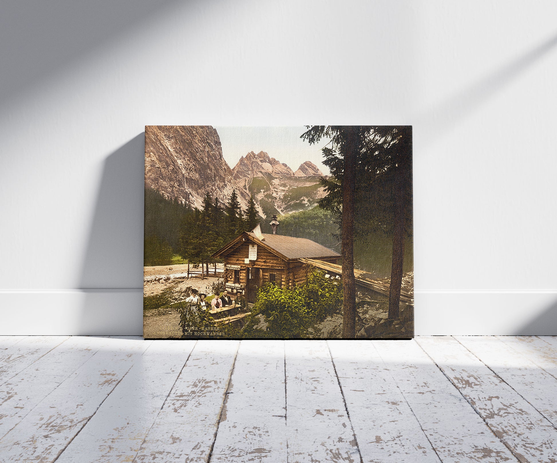 A picture of Angerhutte and Hockwanner, Hinterrainthal, Upper Bavaria, Germany, a mockup of the print leaning against a wall