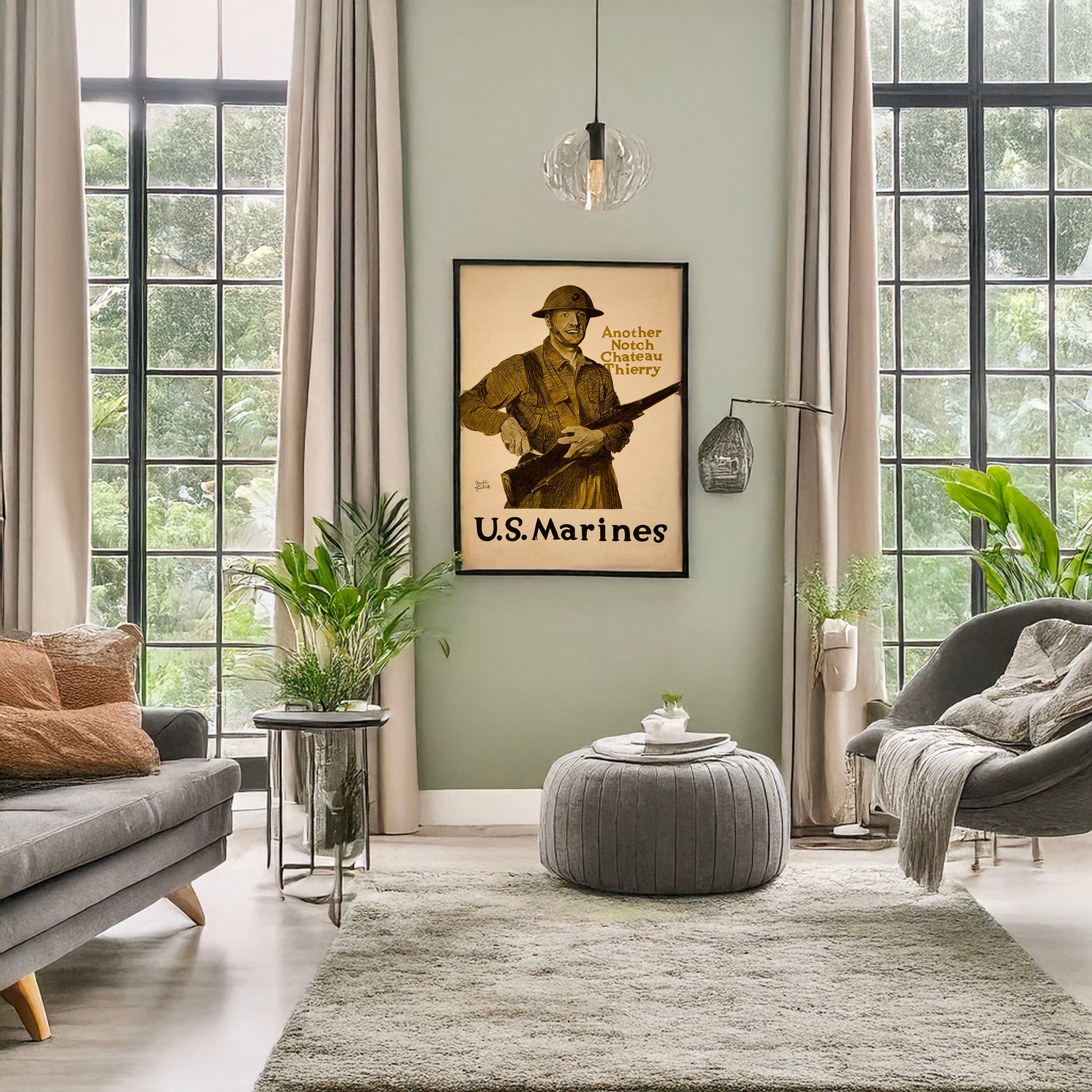 A picture of Another notch, Chateau Thierry - U.S. Marines, a mockup of the print leaning against a wall