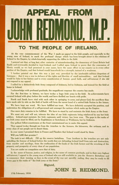 A picture of Appeal from John Redmond, M.P., to the people of Ireland