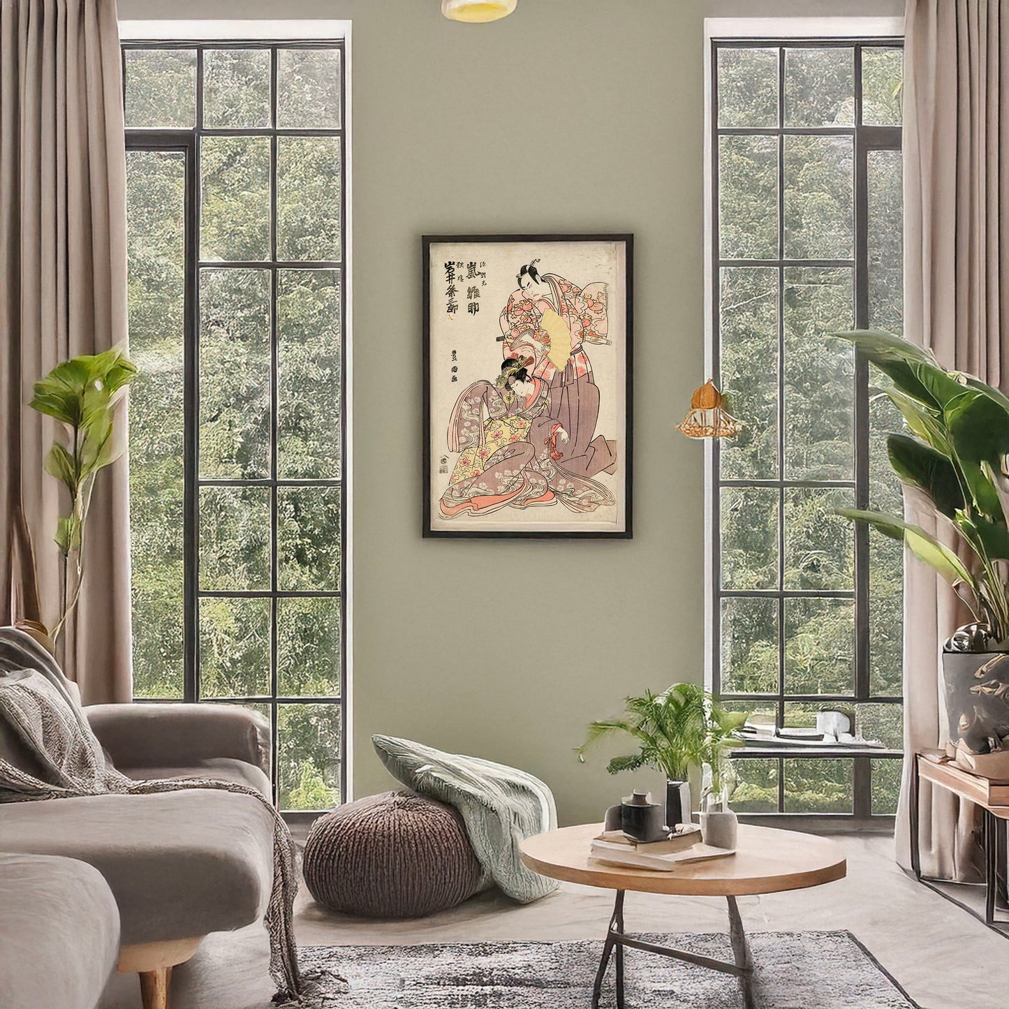 A picture of Arashi hinasuke no minamoto no raikō to iwai kumesaburō no yosoihime, a mockup of the print leaning against a wall