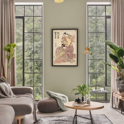 A picture of Arashi hinasuke no minamoto no raikō to iwai kumesaburō no yosoihime, a mockup of the print leaning against a wall