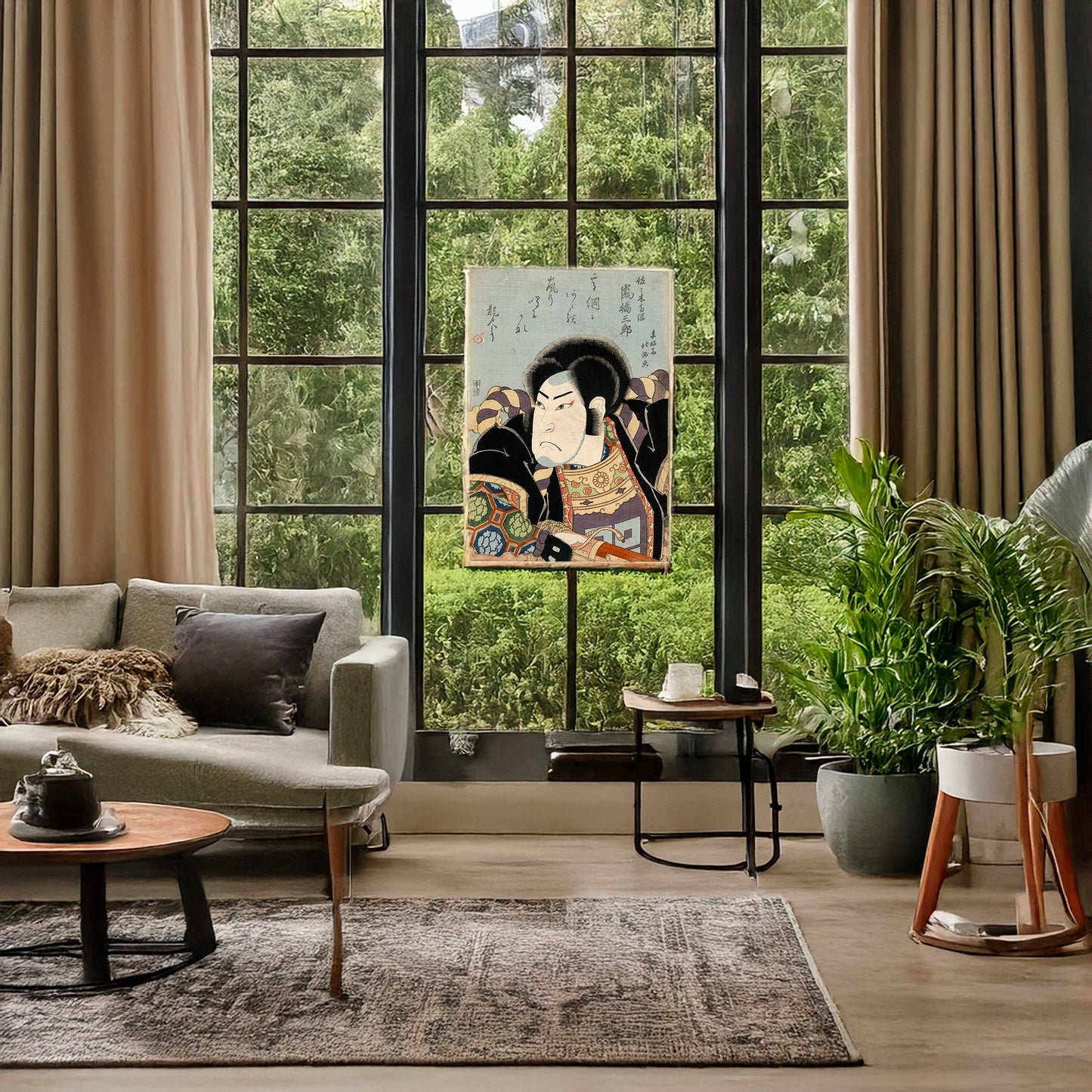 A picture of Arashi kishisaburō no sasaki takatsuna, a mockup of the print leaning against a wall