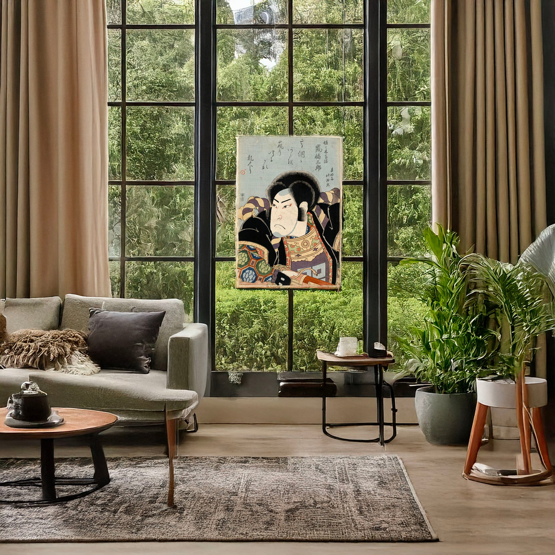A picture of Arashi kishisaburō no sasaki takatsuna, a mockup of the print leaning against a wall
