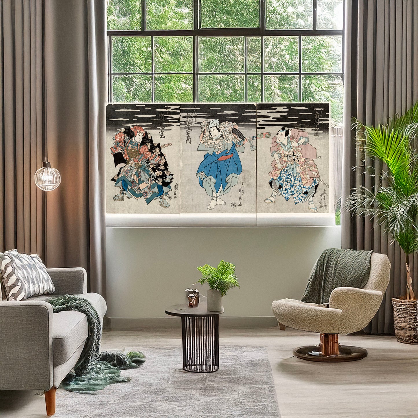 A picture of Arashirikan no mashiba hisatugu; nakamura utaemon; ichikawa hakuen, a mockup of the print leaning against a wall