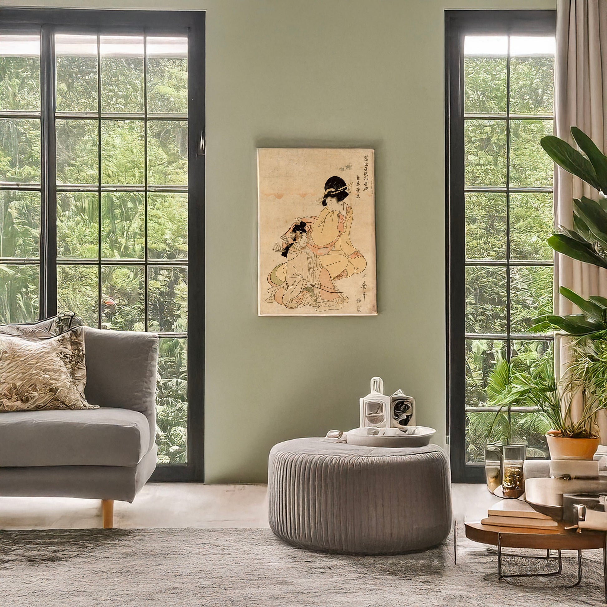 A picture of Ariwara no narihira, a mockup of the print leaning against a wall