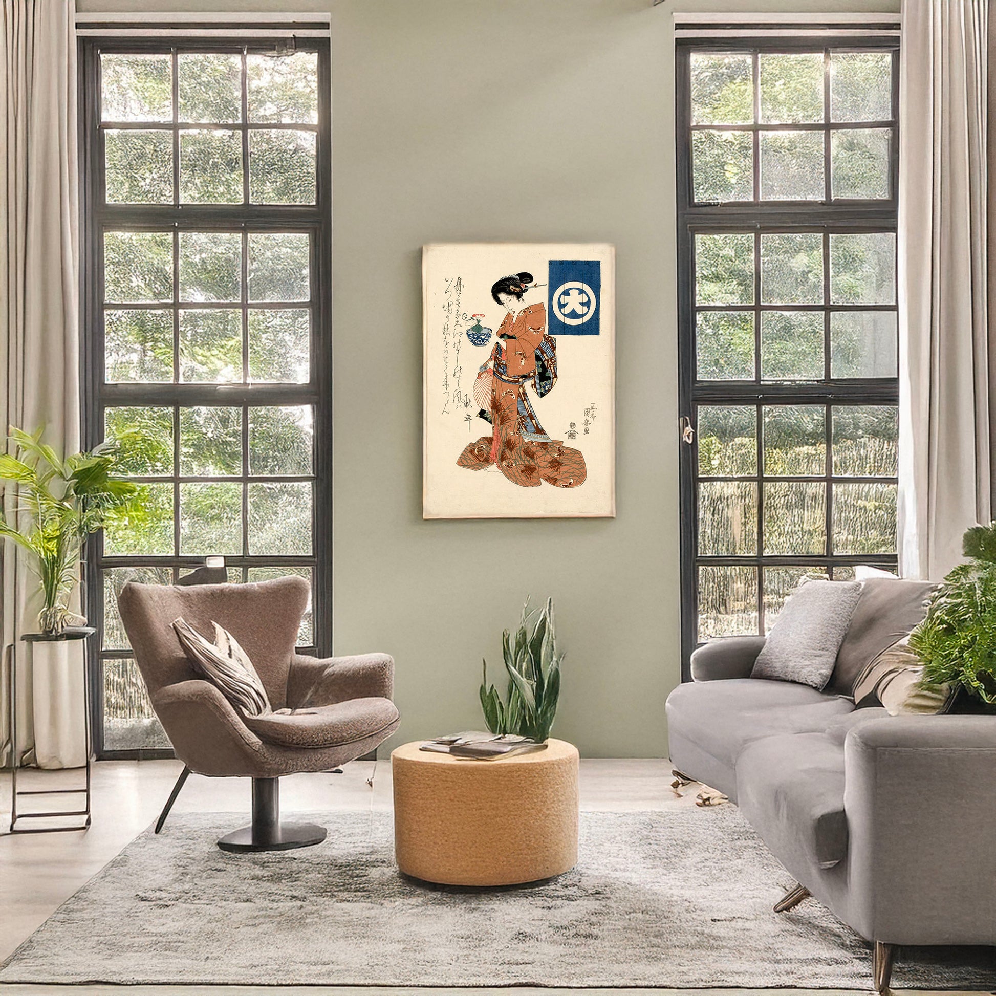 A picture of Asagao no hachi o motsu bijin, a mockup of the print leaning against a wall