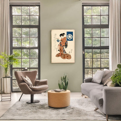 A picture of Asagao no hachi o motsu bijin, a mockup of the print leaning against a wall