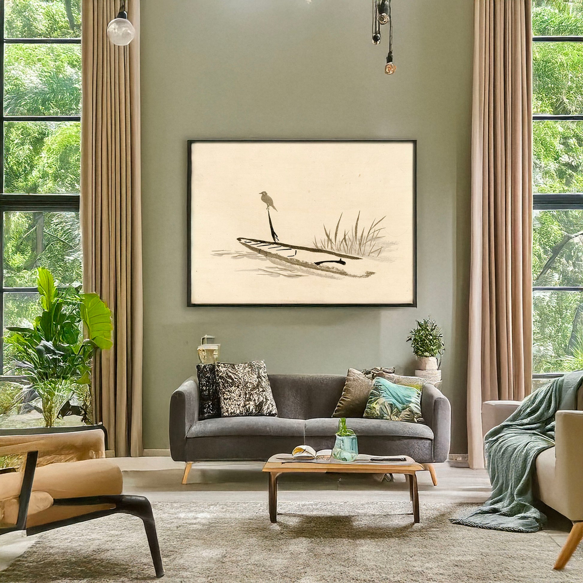 A picture of Ashibune ni tori, a mockup of the print leaning against a wall