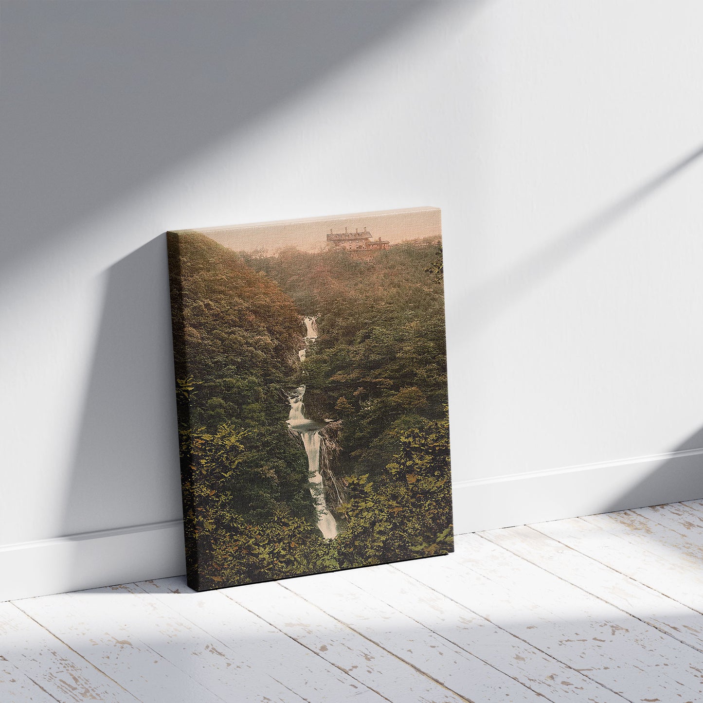 A picture of At Devil's Bridge, Aberystwith, Wales, a mockup of the print leaning against a wall