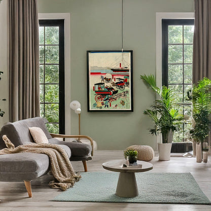 A picture of Atarashii norimono, a mockup of the print leaning against a wall