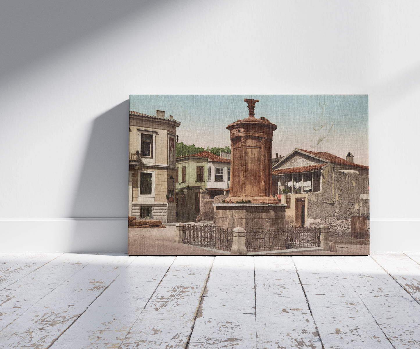 A picture of Athenes. Monument of Lysicrate, a mockup of the print leaning against a wall