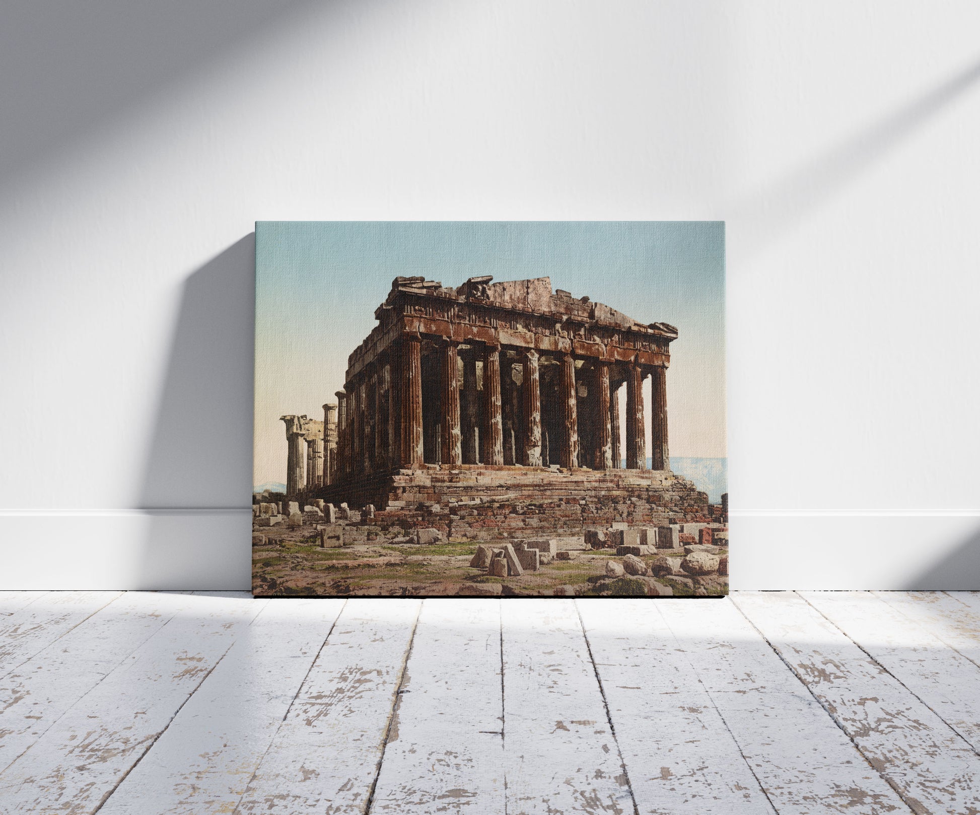 A picture of Athènes. Parthenon, a mockup of the print leaning against a wall