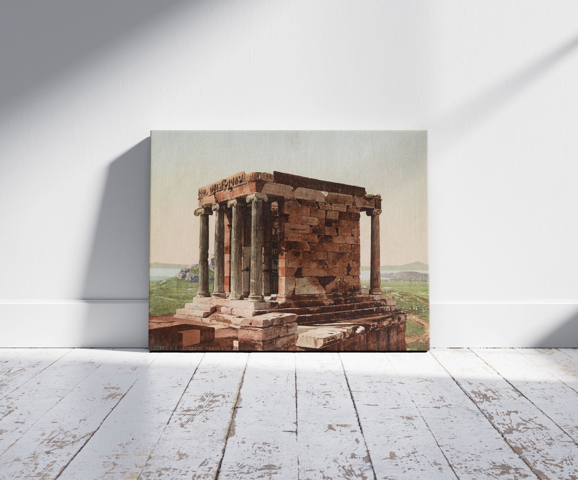 A picture of Athènes. Temple de la Victoire Aptere, a mockup of the print leaning against a wall