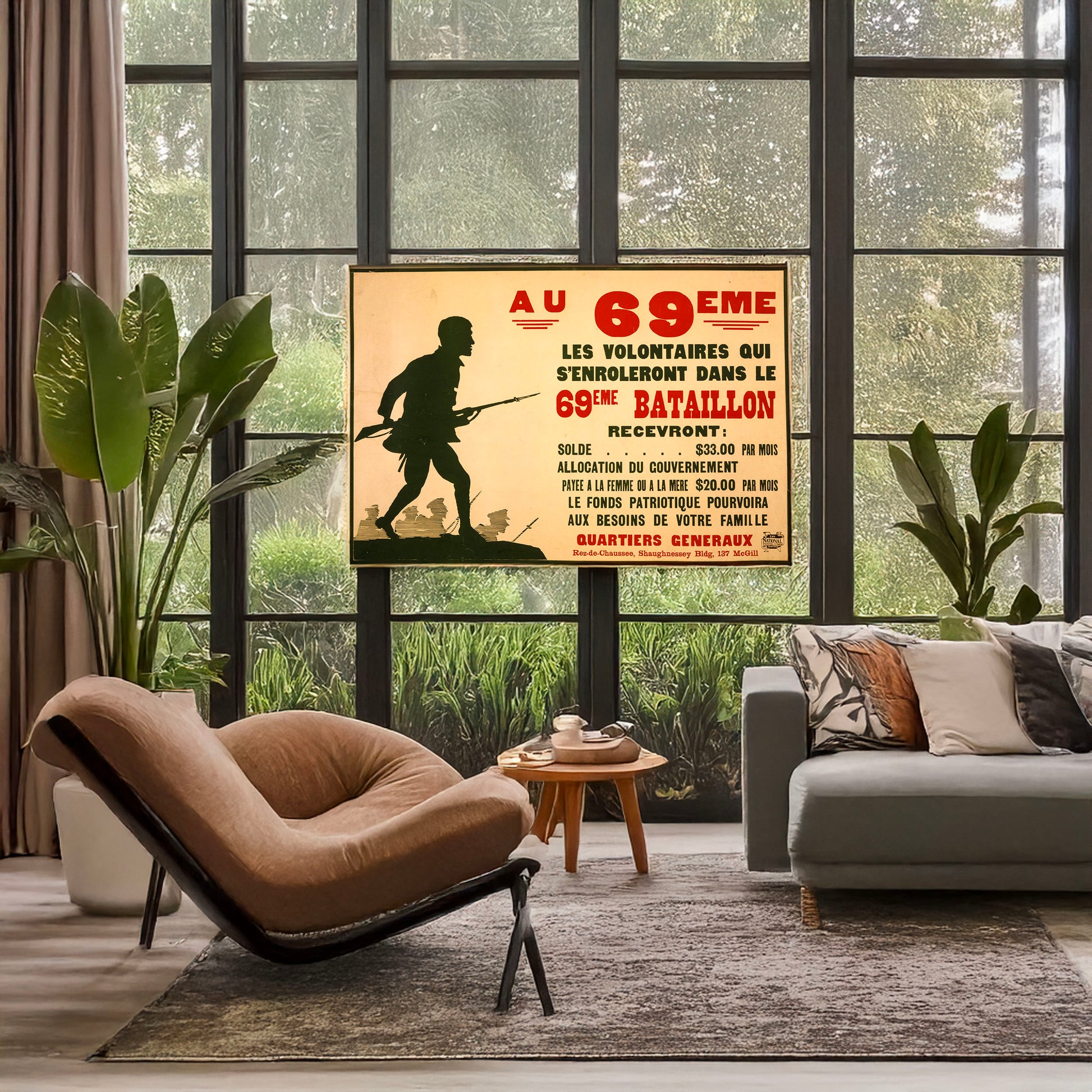 A picture of Au 69eme. Les volontaires qui s'enroleront dans le 69eme Bataillon recevront ..., a mockup of the print leaning against a wall