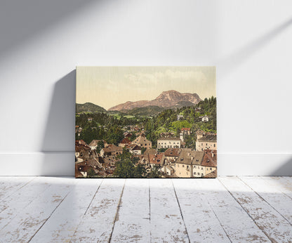 A picture of Aussee from Sarstein, Upper Austria, Austro-Hungary, a mockup of the print leaning against a wall